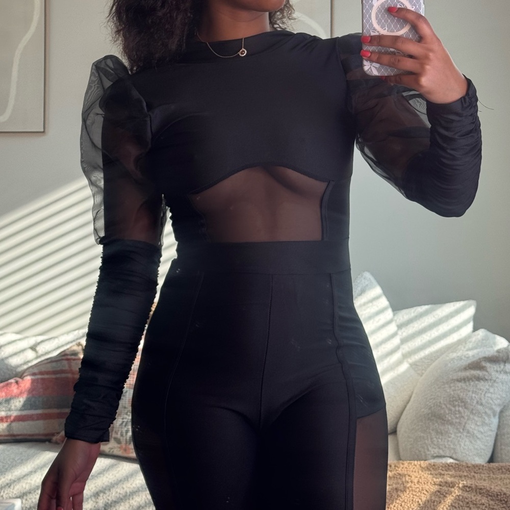 Black mesh long sleeve jumpsuit
